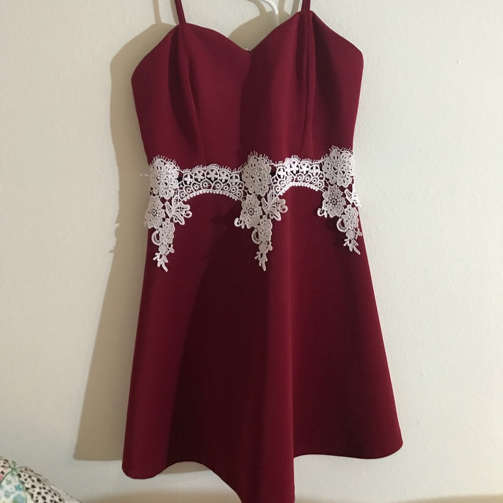 Red Fit and Flare dress with lace trimming